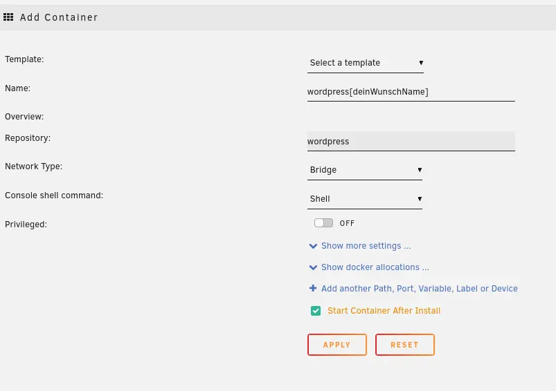 (3/8) Unraid Docker Add Container Benutzerdefiniert